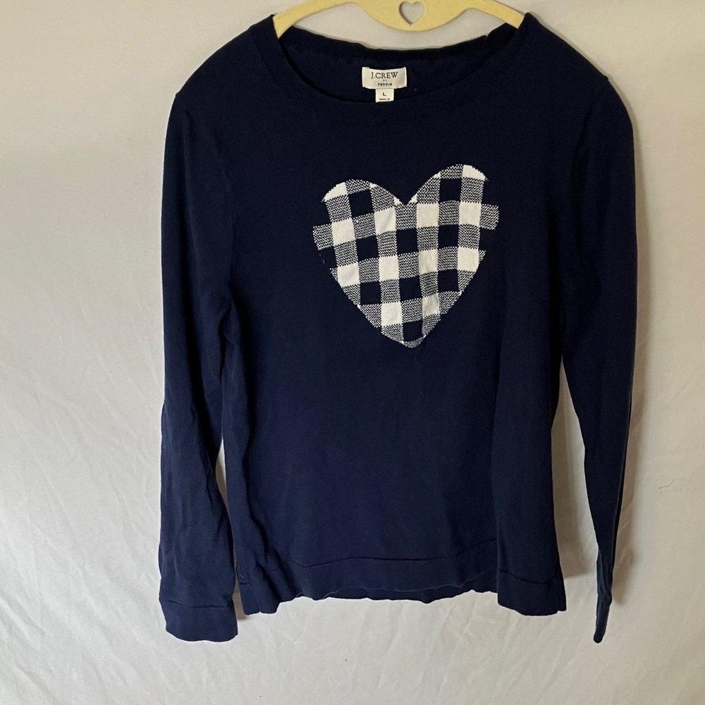 J. Crew: Navy Blue Teddie Long Sleeve Lightweight Sweater-Checkered Heart- L